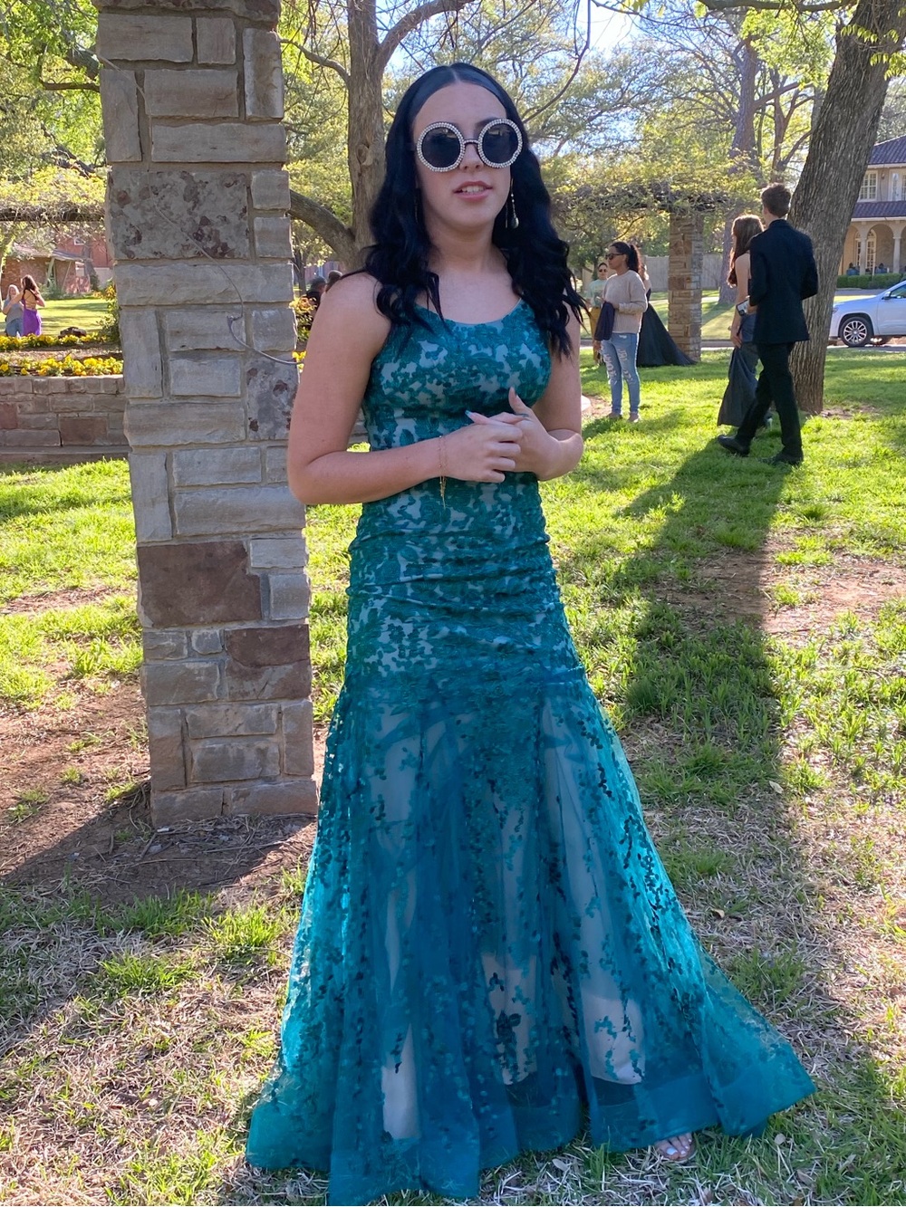 Camille La Vie Green Lace Appliqué Prom Gown